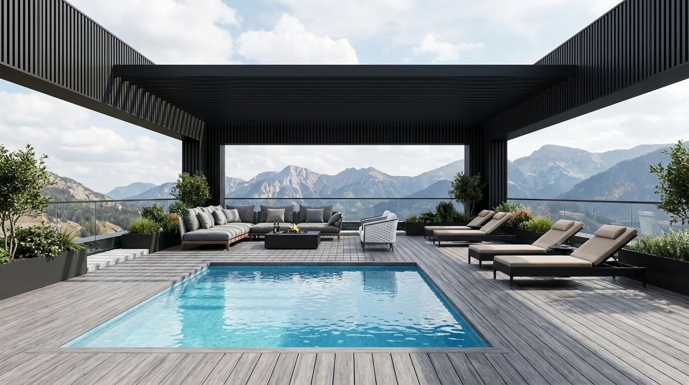 Bruggan terrace by a swimming pool