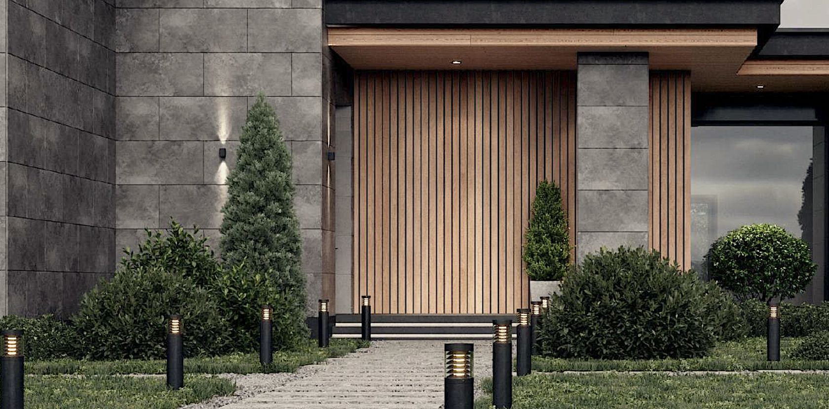 Wood fibre cladding at a modern entrance